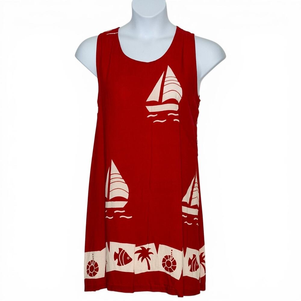Vintage 90s Red Sailboat Dress Sleeveless Coastal Beach Novelty Print Rayon XL